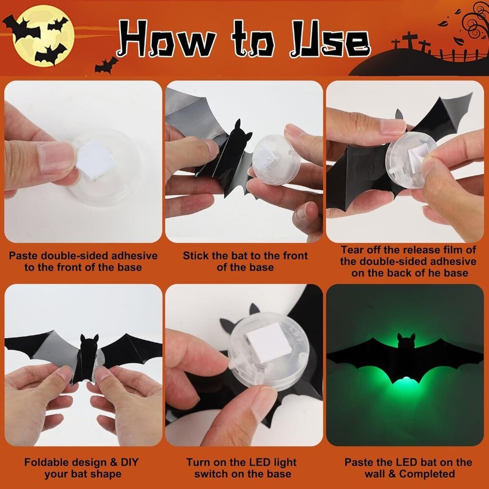 36 Pack Bats Halloween Decorations- Light Up Bat Wall Stickers with Green LED, 3 - Picture 5 of 7